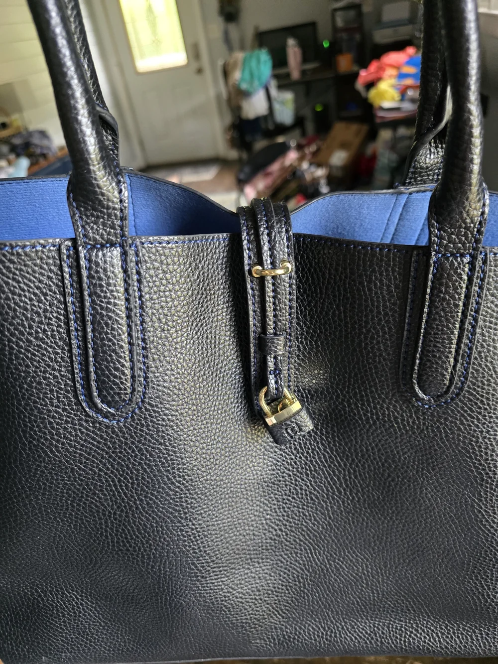 Women's Black (PVC That Feels Like Leather) Tote Bag with Blue Interior